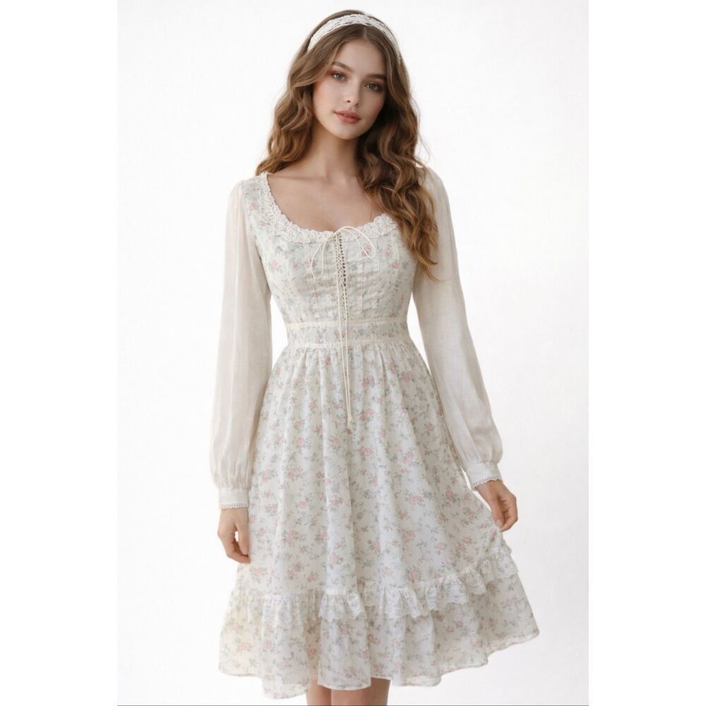 Gunne Sax Dress Vintage Ruffle Floral Ditsy Long Sleeve Lace Cream Link size 7 X